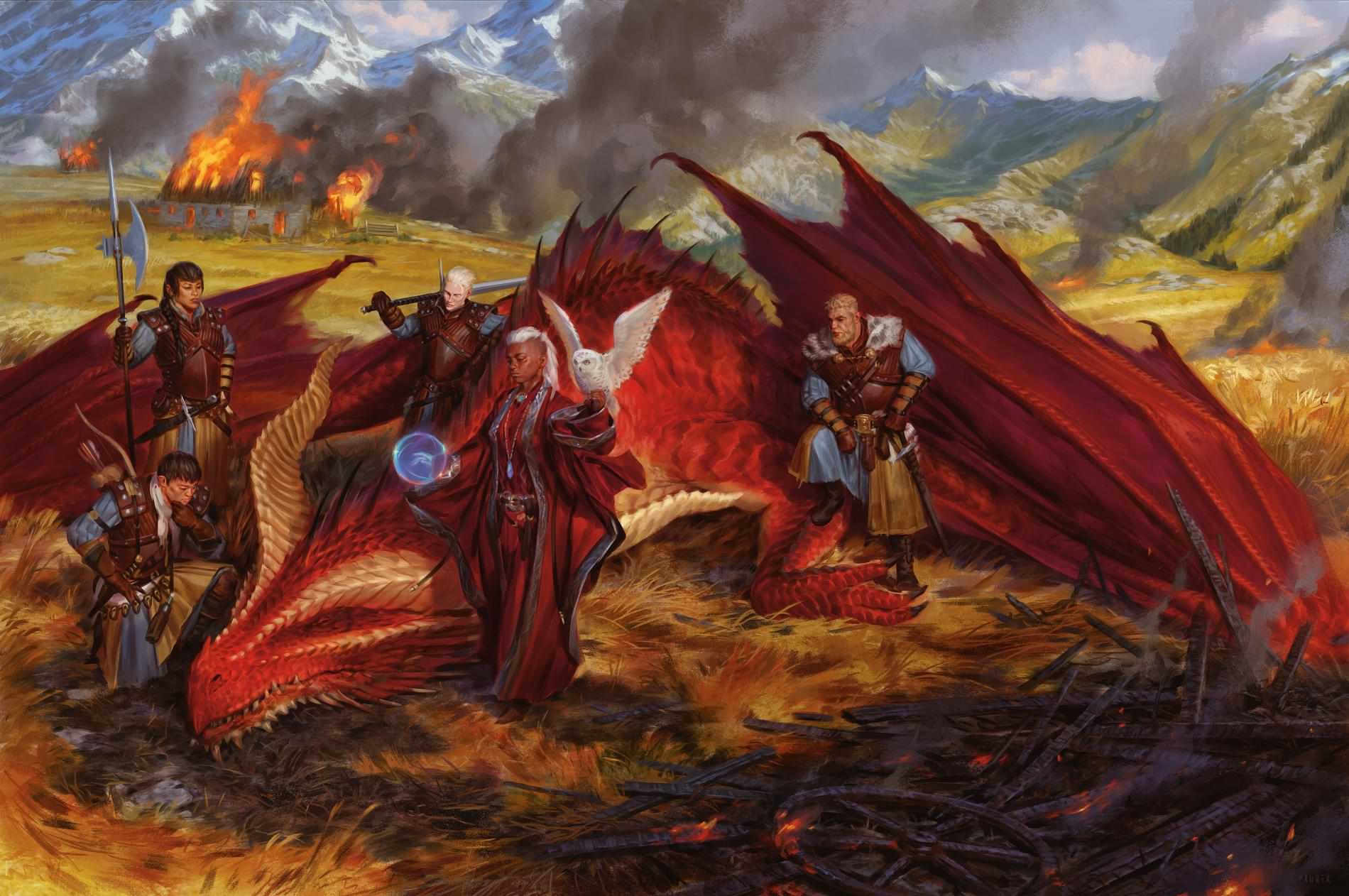 Adventurers stand surround a dead red dragon in a burned field