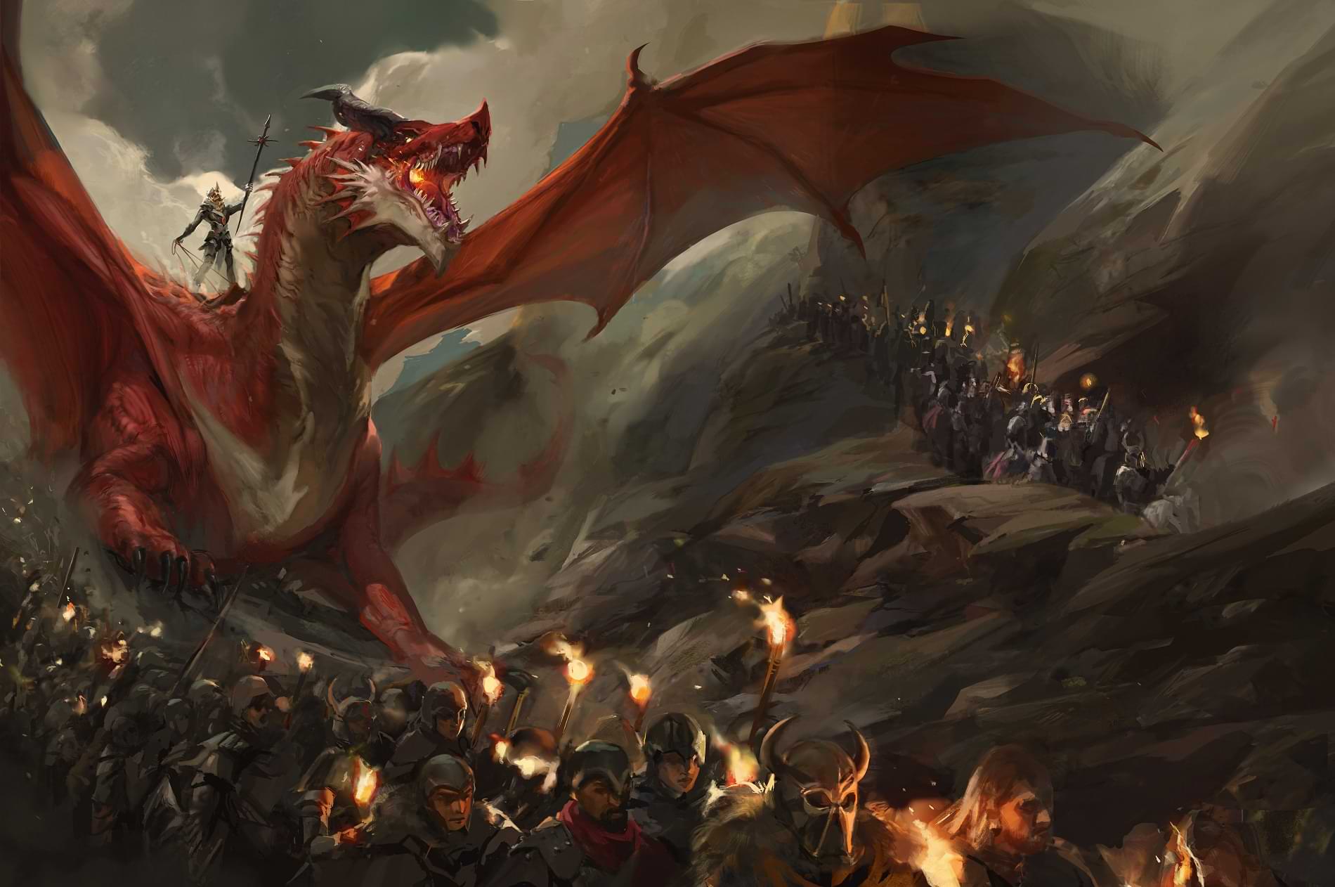 A red dragon marches alongside armored soldiers