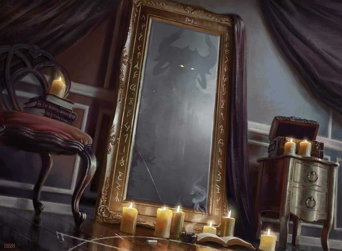 A demon is reflected in a mirror. In front of the mirror are lit candles and ritual paraphernalia