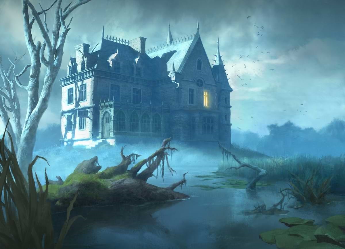 A haunted manor in marshlands at night