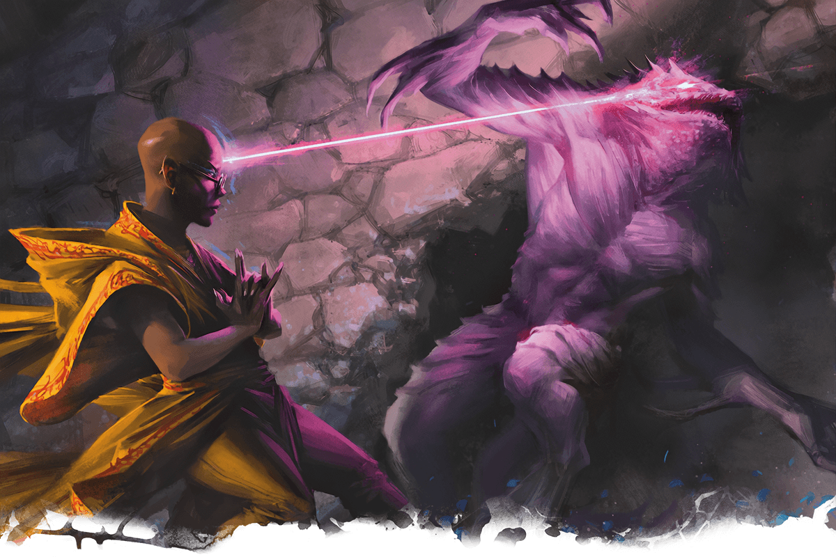 A person in robes fires a line of psionic energy at a monster