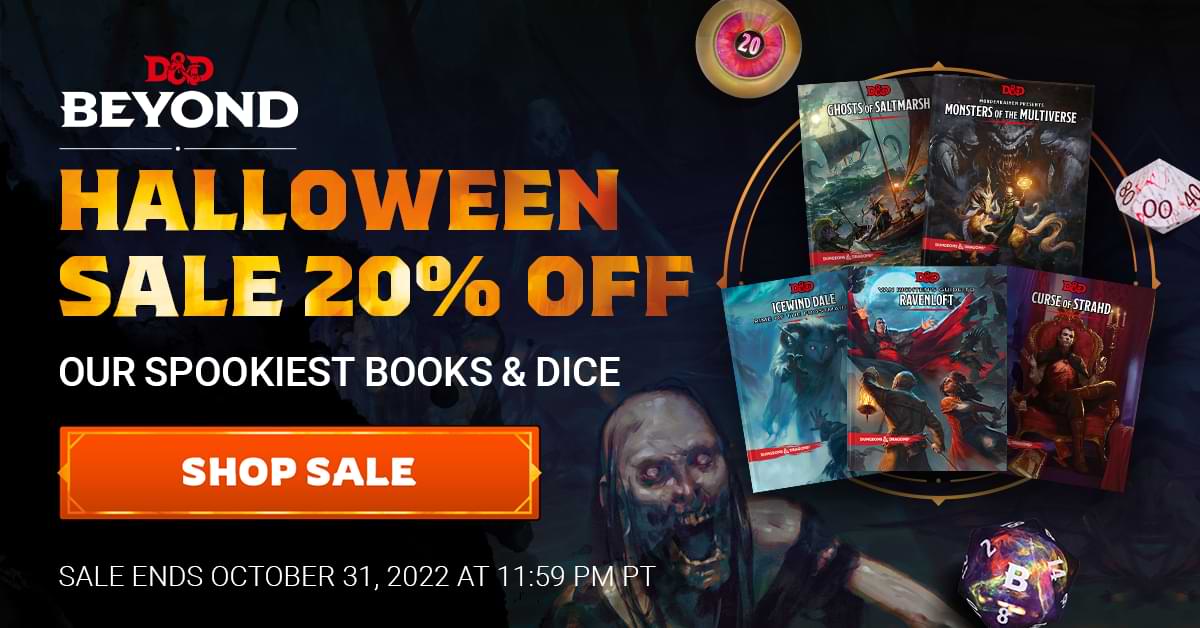 A zombie lurches toward a set of books and dice. Text reads, Halloween sale 20% off our spookiest books and dice.