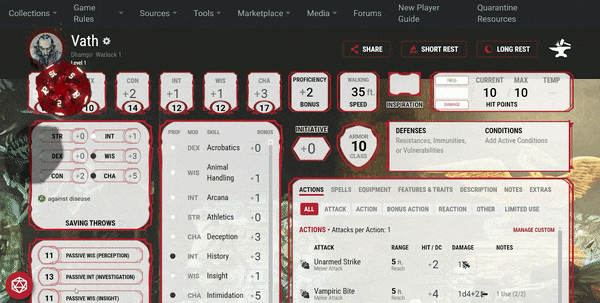Red dice rolling across a character sheet