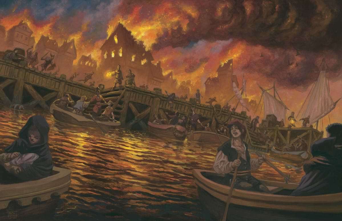 People flee by boat as a village burns