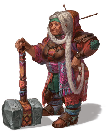 A dwarven women leans on her hammer