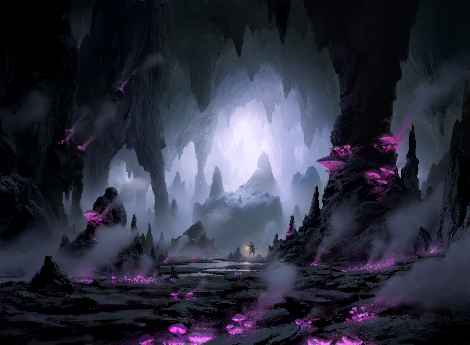 Dark caverns with glowing purple mushrooms and steam