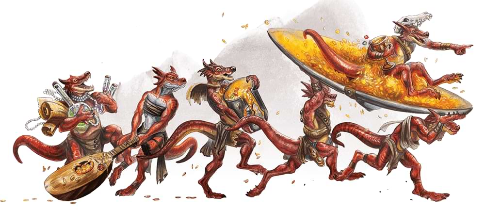 A group of kobolds running while carrying various kinds of treasure