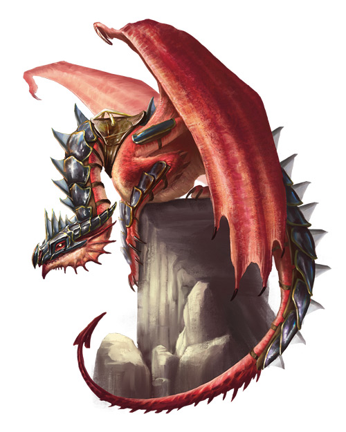 A red dragonnel with armor crouching to prepare for flight