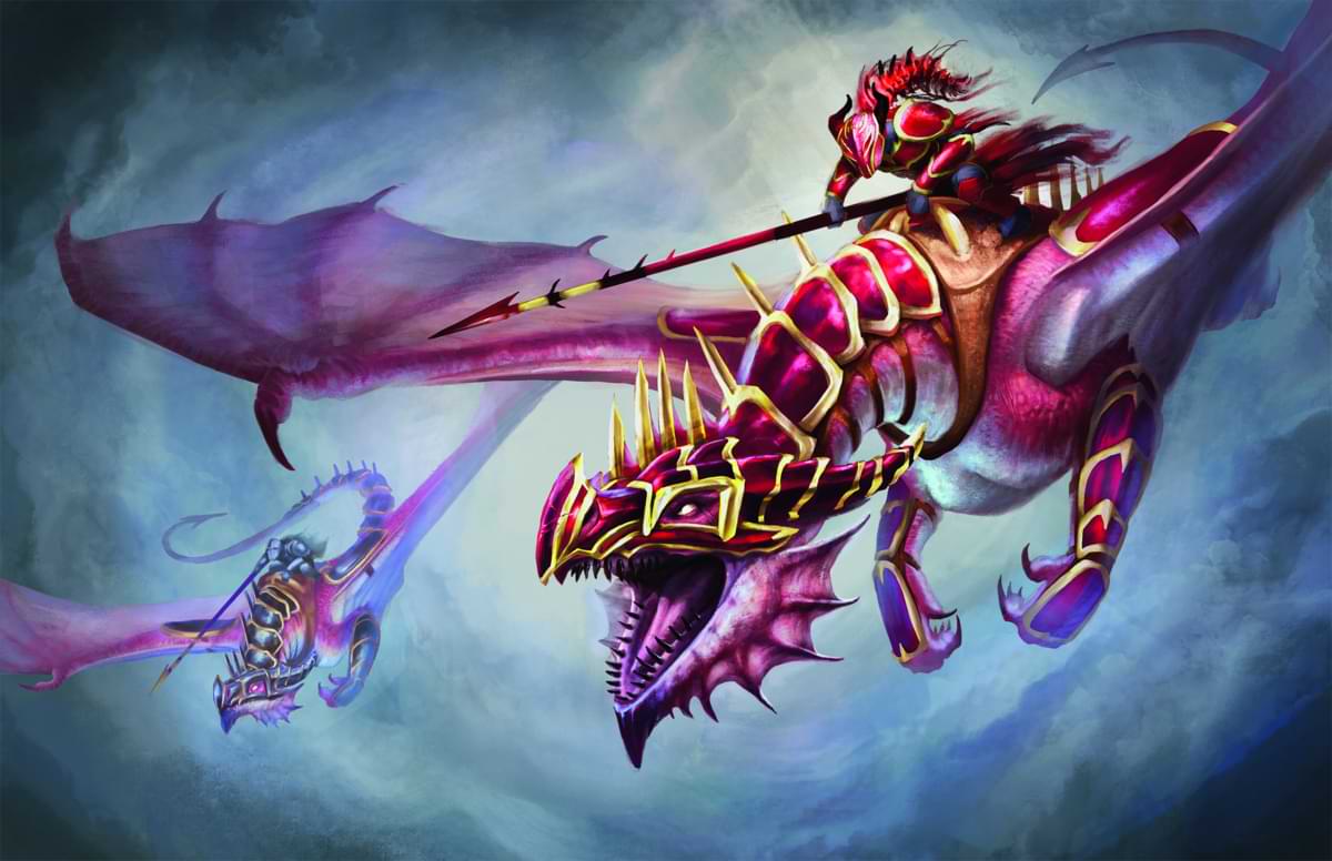 Two armored red dragons fly into battle with fighters atop their backs