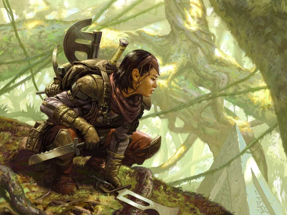 A Fey Wanderer perches on the branch of a large tree