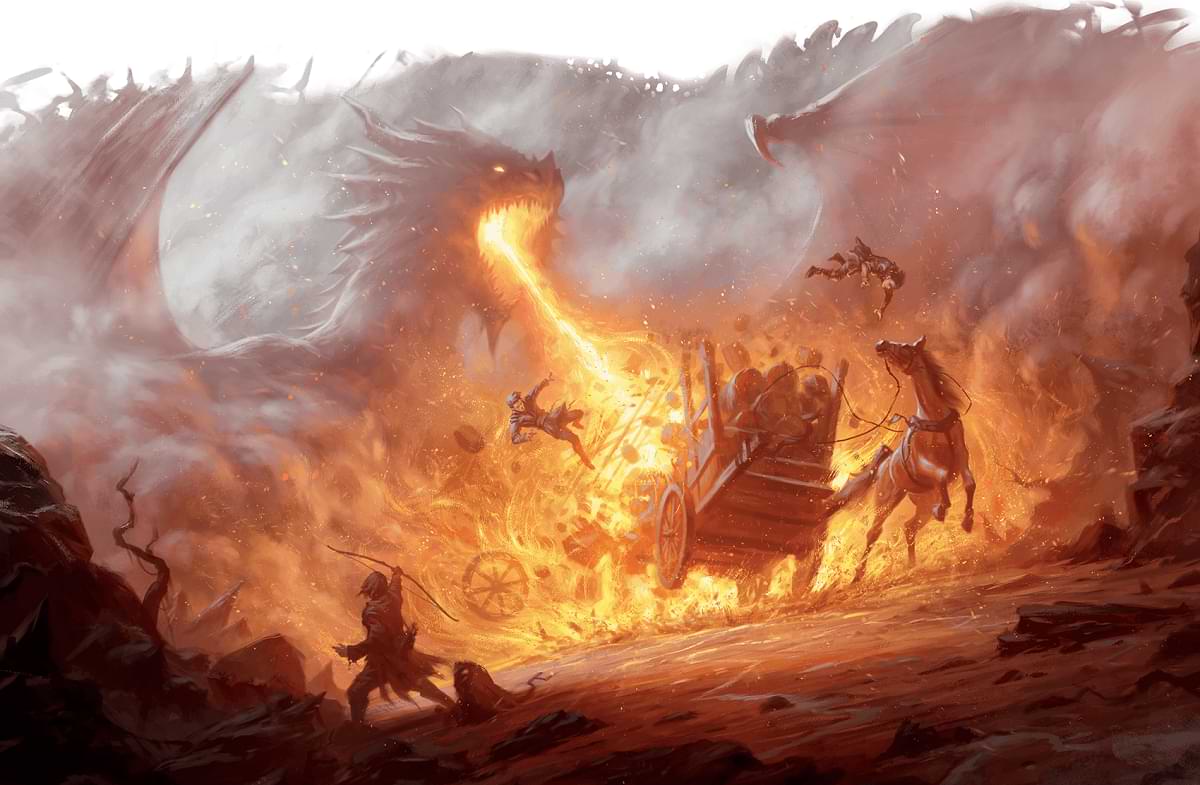 A dragon uses its fire breath on a wagon