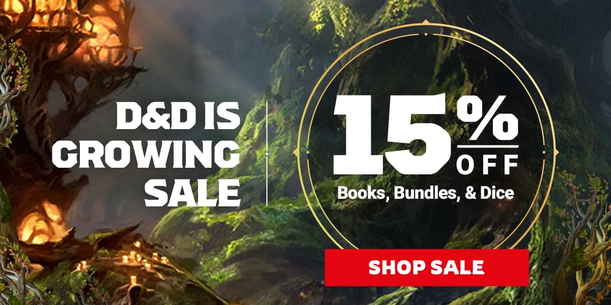 Lights glow in a dwelling made from a tree. Superimposed over the image, text reads, "D&D is Growing Sale. 15% off books, bundles, and dice."