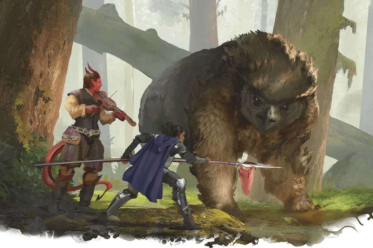 A tiefling plays a violin as a fighter holds a spear to an owlbear