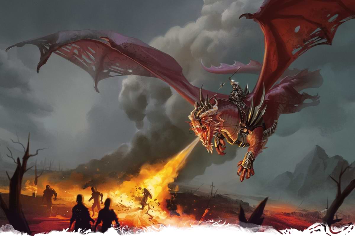 Armored person riding a red dragon as it burns a field