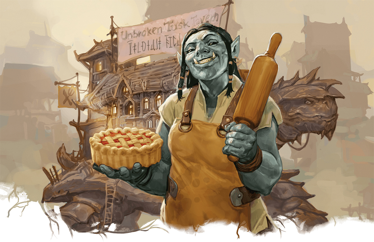 A half orc holding a pie and a rolling pin