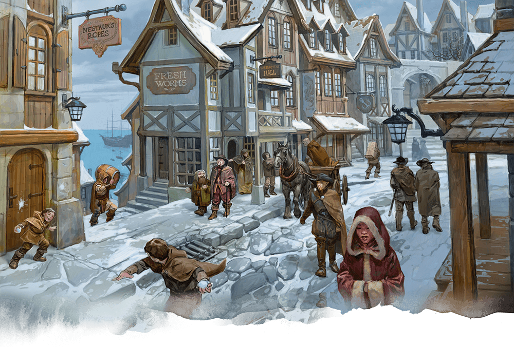 A busy Waterdeep street in the winter