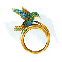 A golden ring with hummingbird-shaped emerald