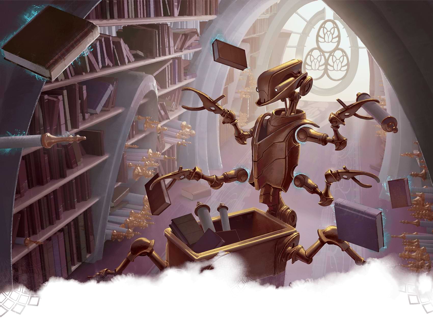 A robot assistant helps sort through books and scrolls
