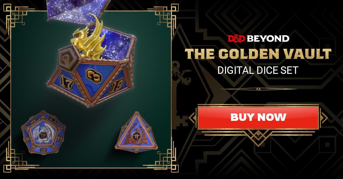 Image displays golden and blue dice revealing a golden statue from within. Text reads, "The Golden Vault Dice Set. Buy now."