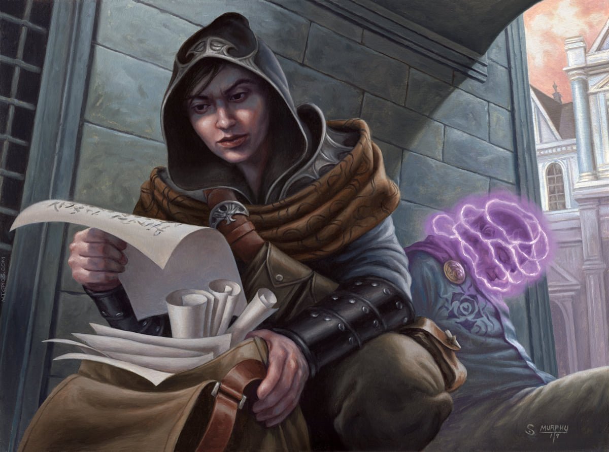 An enchantment wizard reads notes from a quarry she incapacitated 