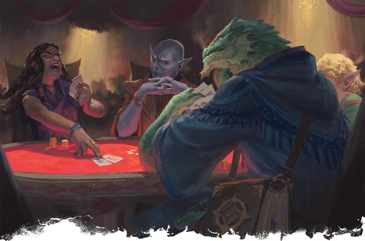 A patron reveals her cards in a three-dragon ante game
