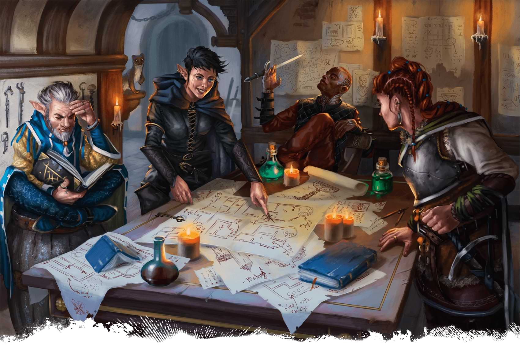 An adventuring party plans a heist around a table with blueprints