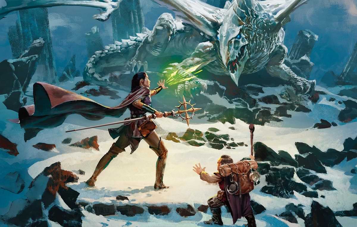 Cover of Dragon of Icespire Peak depicts adventurers fighting a white dragon in snowy terrain