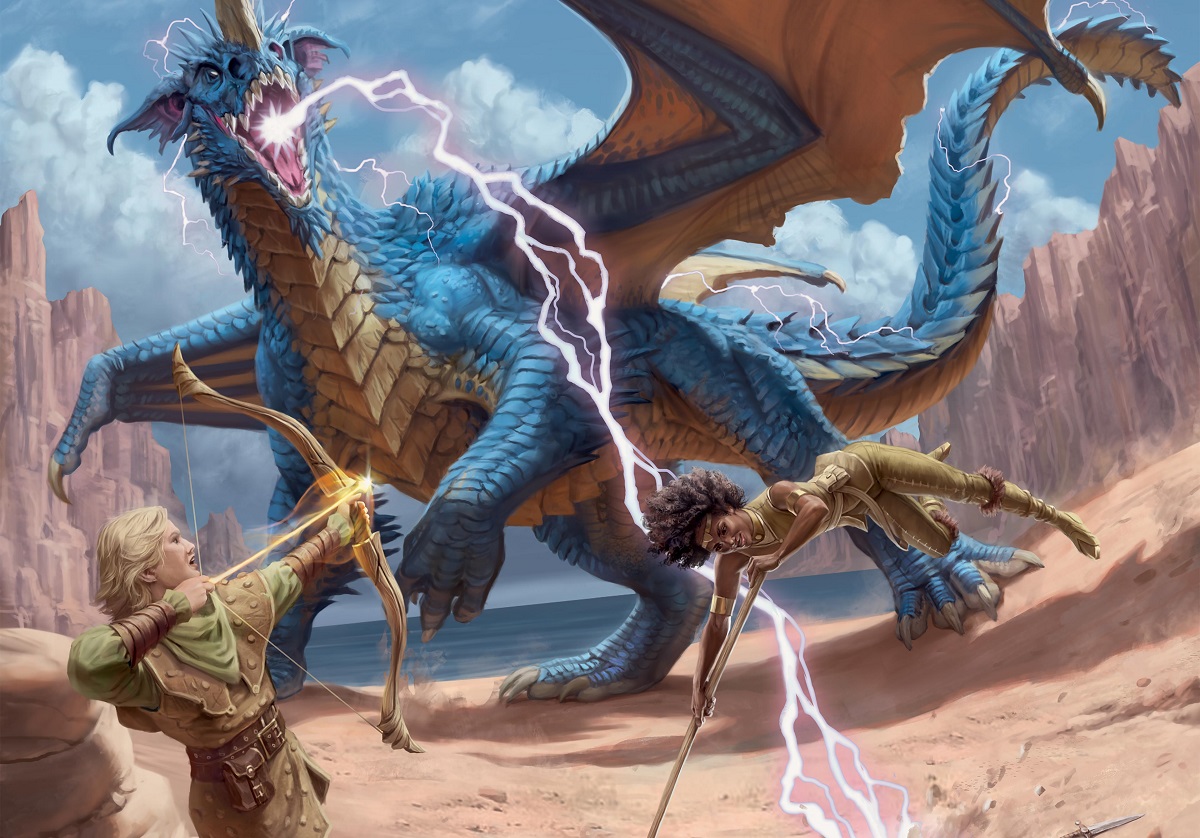Cover art of Dragons of Stormwreck Isle depicts adventurers fighting a blue dragon on the beach