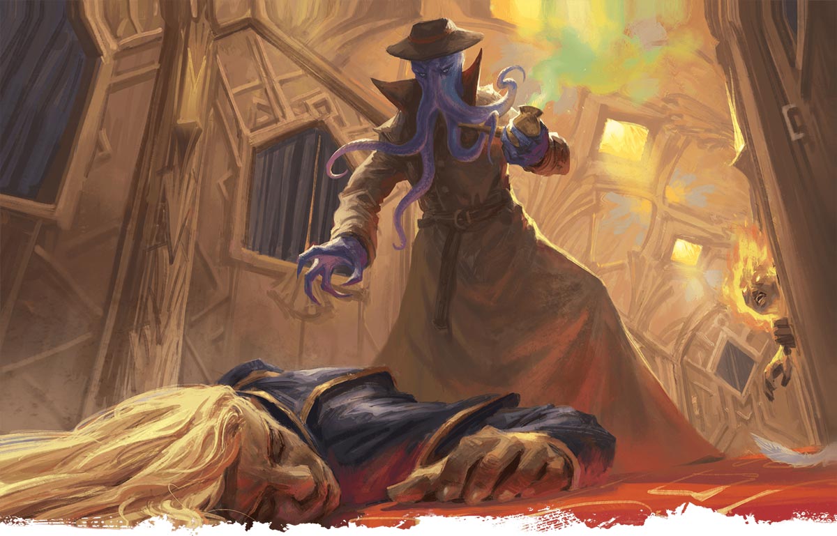 A mind flayer detective examines a dead body