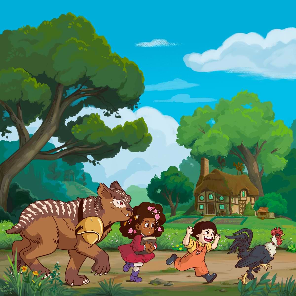 Artwork of young children and a spirit beast chasing a rooster near a cottage.