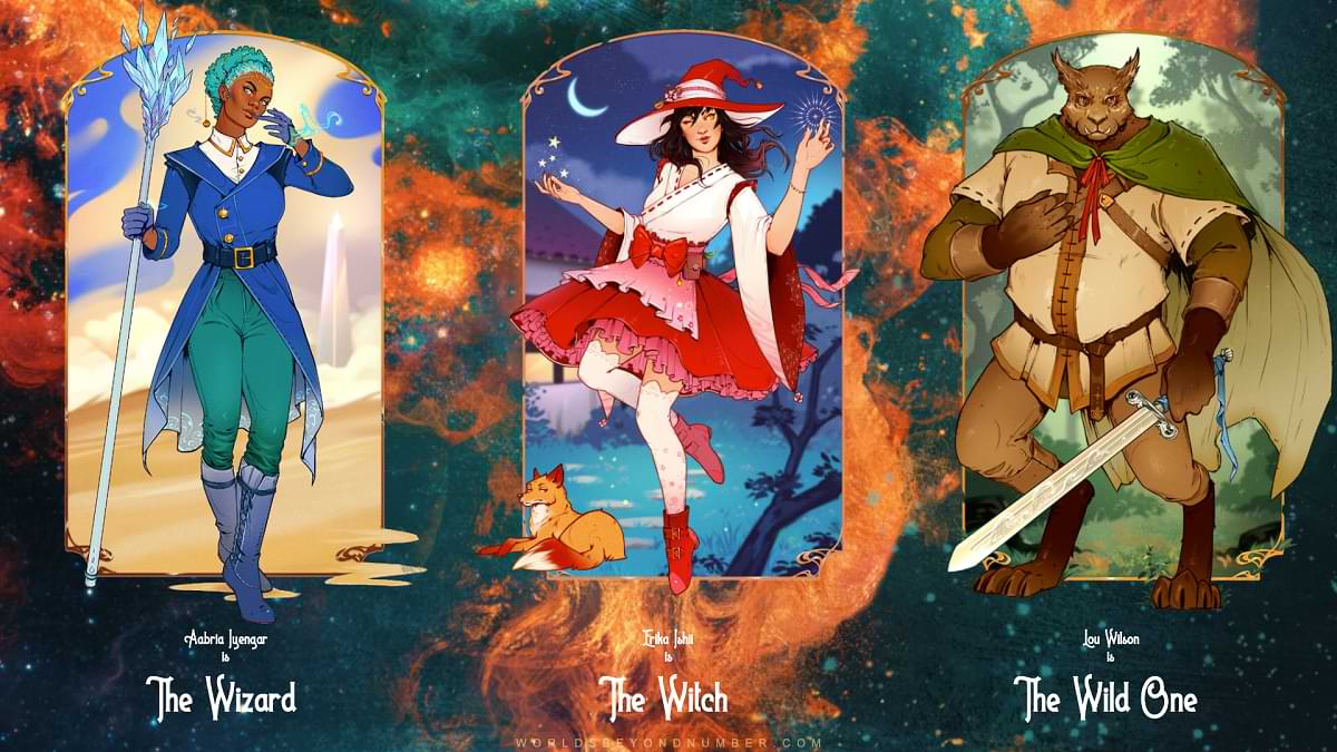 Character portraits show the wizard, the witch, and the wild one against fantastical backdrops