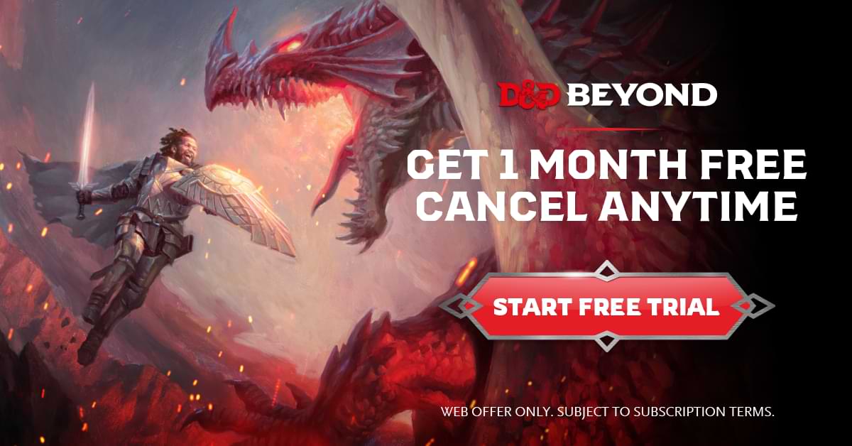 A paladin wielding a sword leaps at a red dragon. Text reads, "Get 1 month free. Cancel anytime. Start Free Trial."