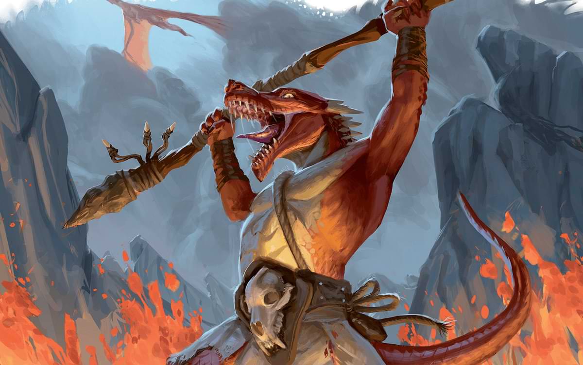 A kobold surrounded by flames holds up a spear as a red dragon flies behind them
