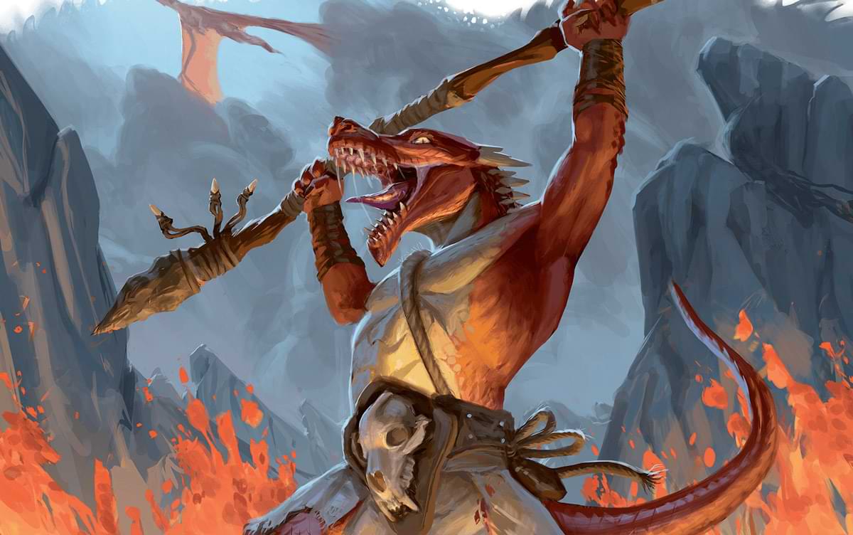 A kobold lifts a spear as its dragon master flies overhead