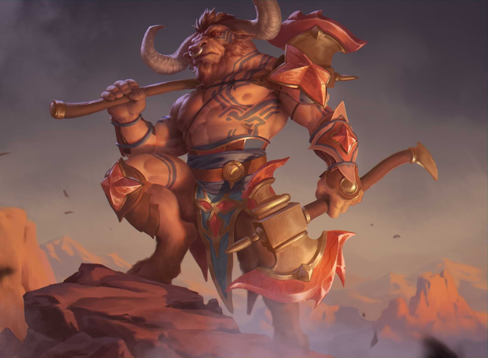 A minotaur barbarian wields two battleaxes