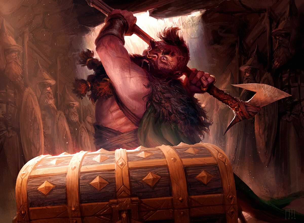 A barbarian dwarf takes a greataxe to a treasure chest