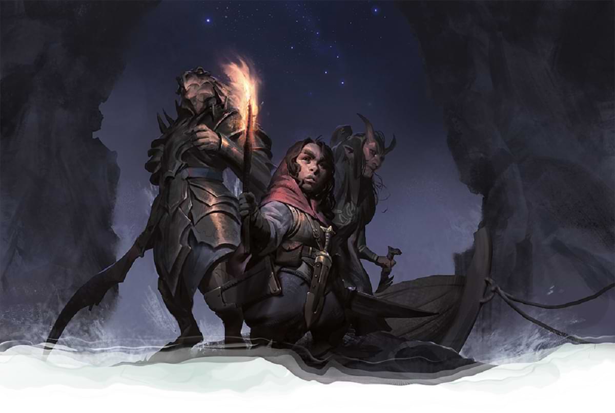Three adventurers arriving to land by boat at night