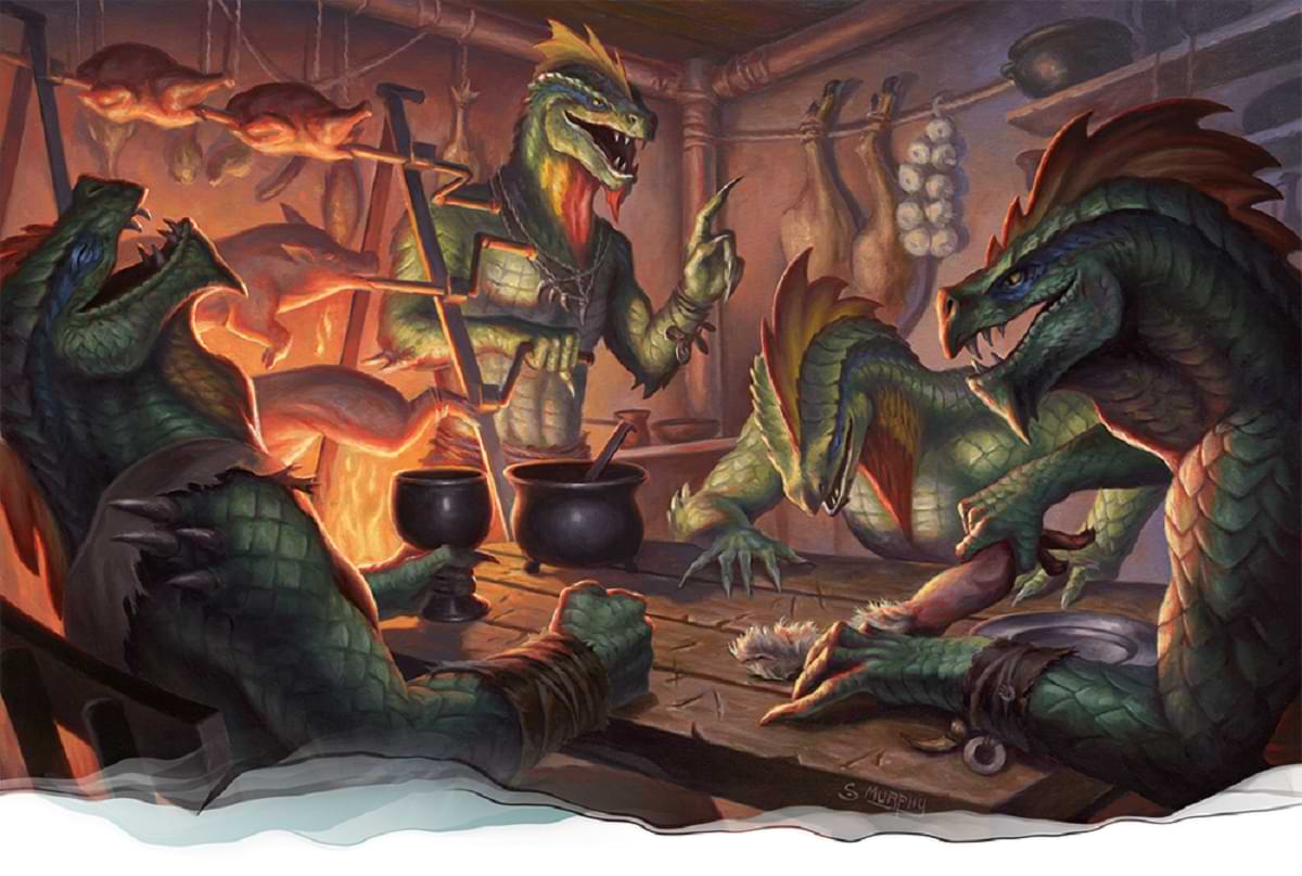 Lizardfolk in a tavern cooking and laughing together