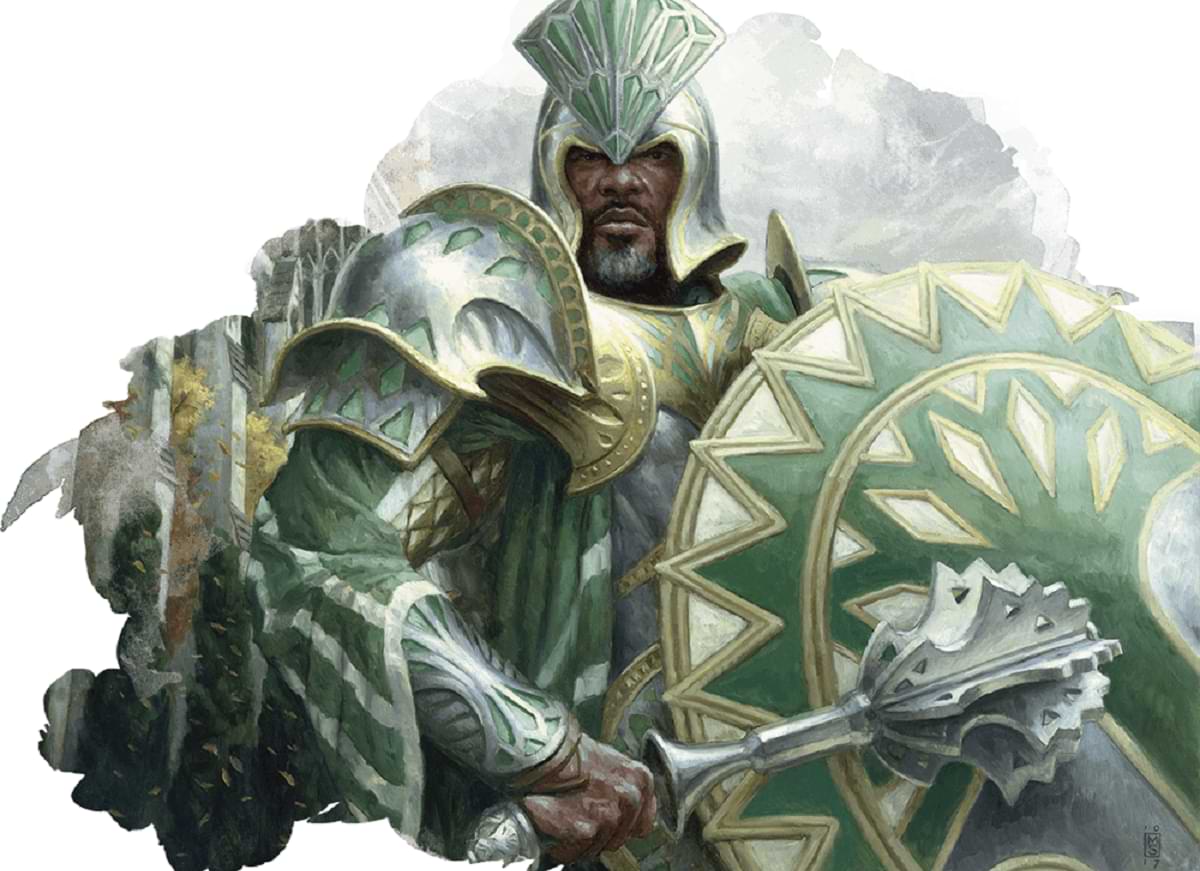 A Selesyna knight in green and gold armor wields a mace and shield