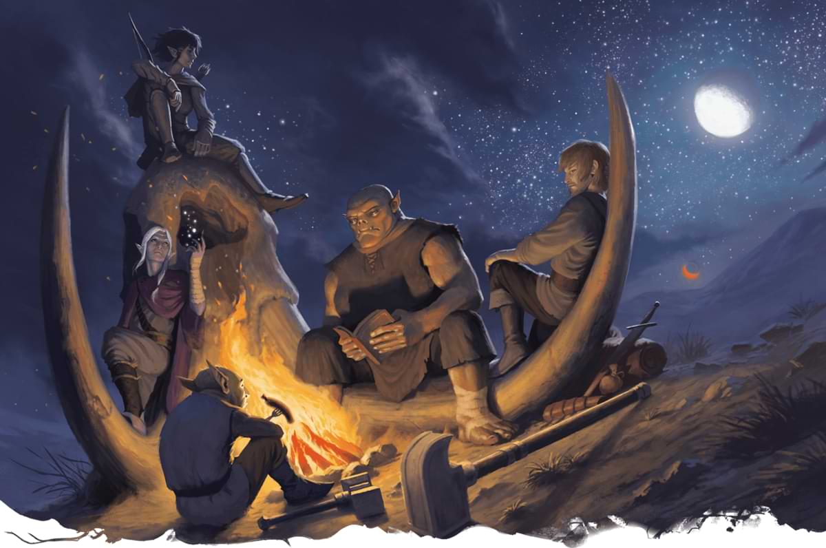 Adventurers camp at night around the bones of a mammoth