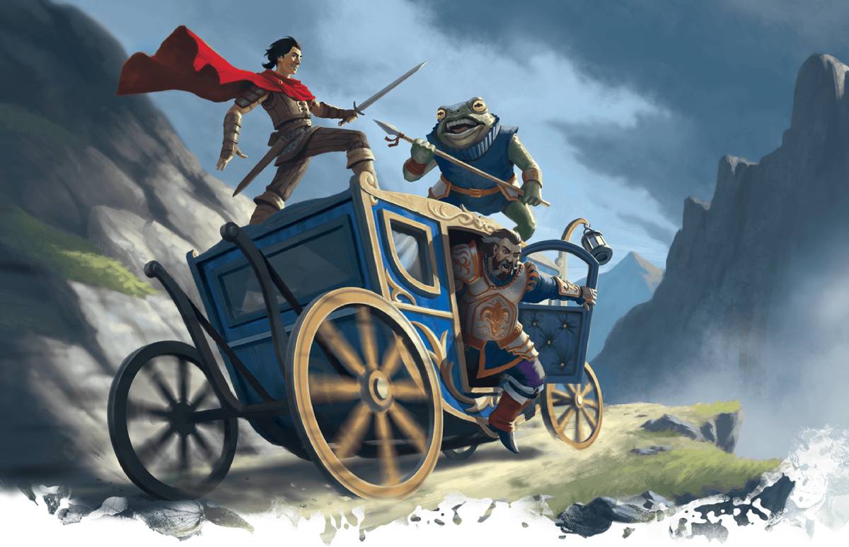Adventurers battling atop of moving chariot