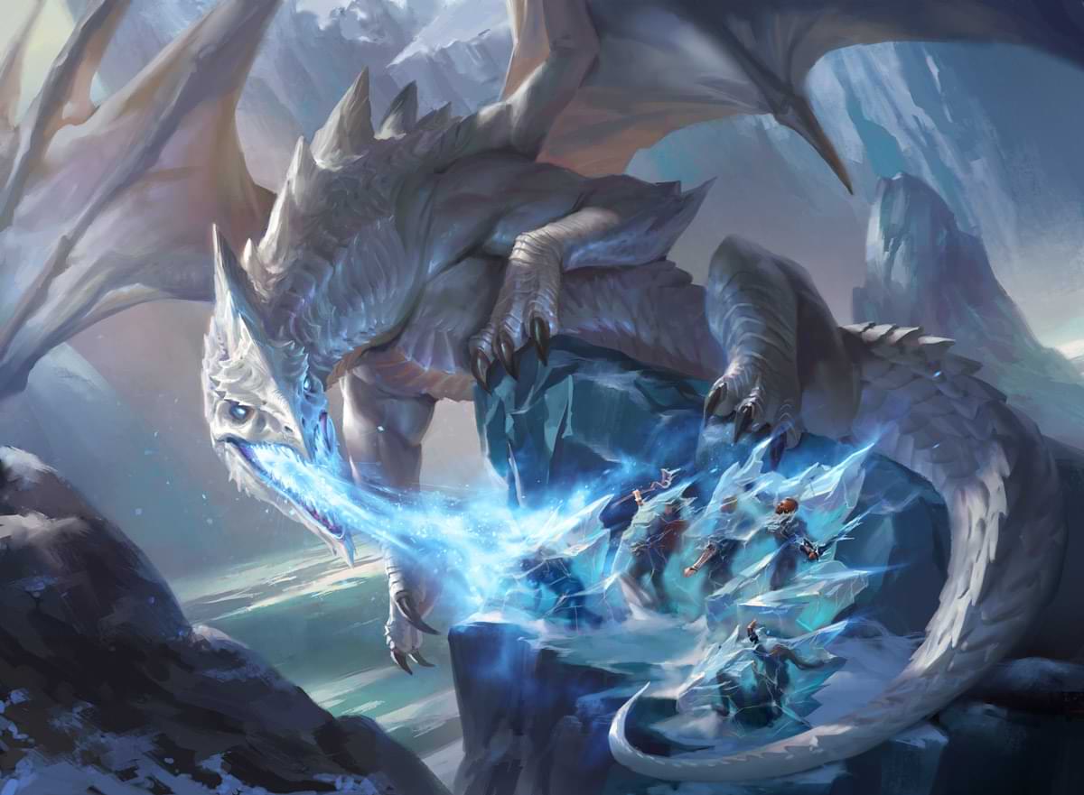 A white dragon freezes a part of adventurers with its breath weapon