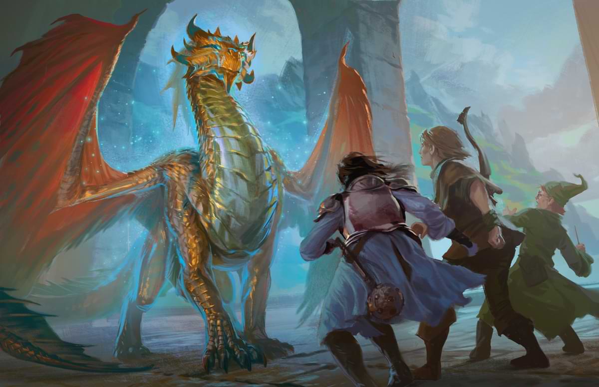 A bronze dragon stands regal over shocked adventurers