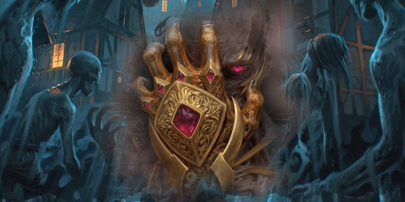A lich holds up a hand decorated with gold and gems. Behind him are zombies.