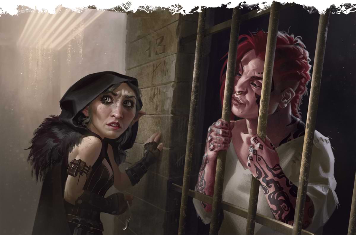 A rogue stands outside a cell as a tattooed prisoner looks on.