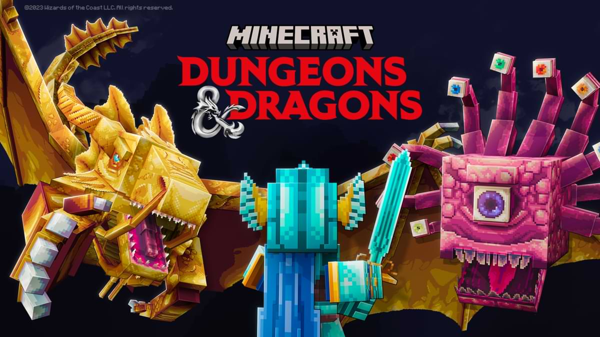 Text reads: Minecraft Dungeons & Dragons. A gold dragon and a beholder attack a paladin wielding a sword.