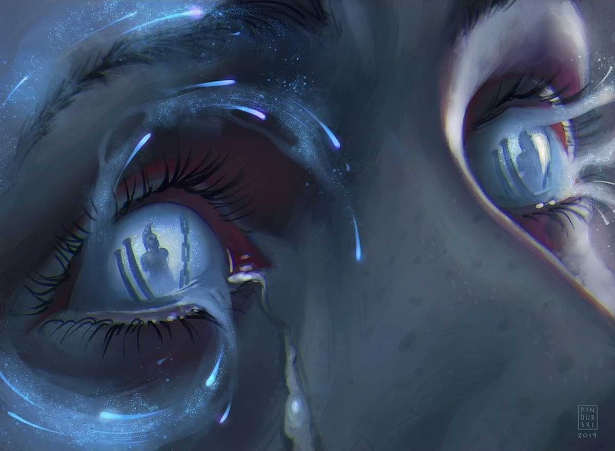 Two eyes reflecting a starry vision