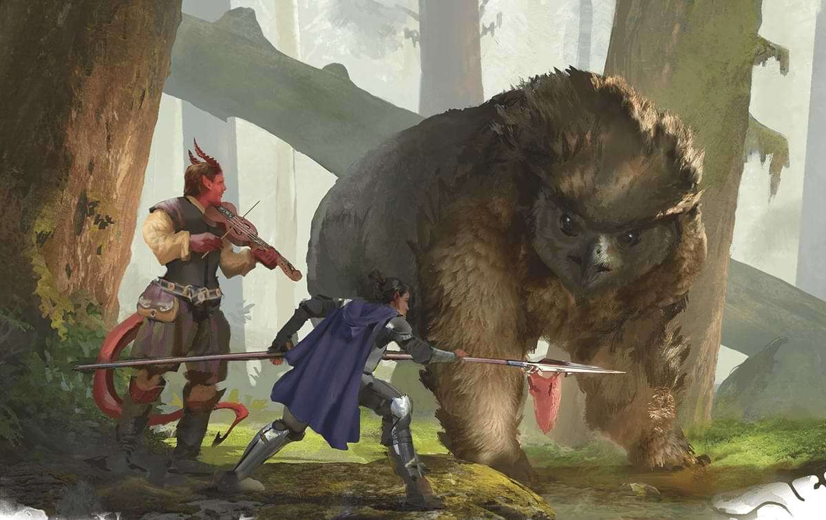 Owlbear curiously looking at adventurers