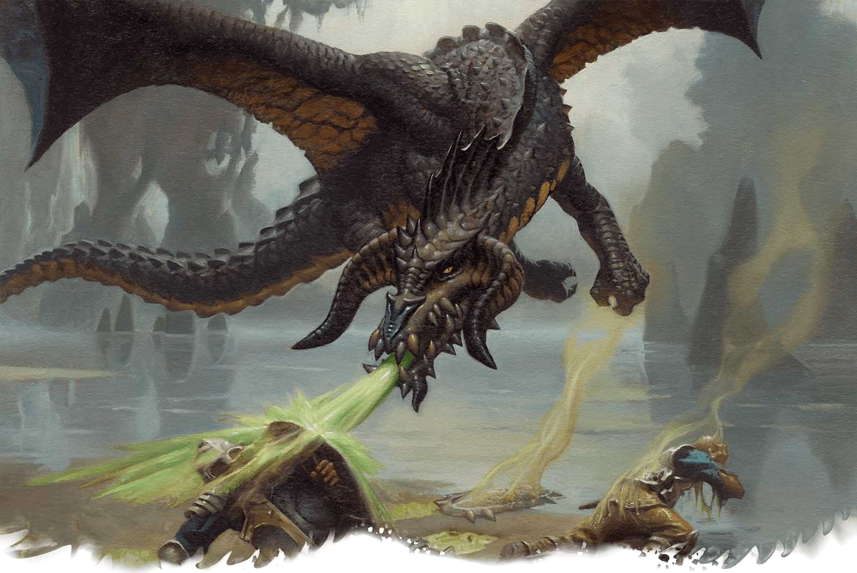A black dragon spitting acid at an adventurer