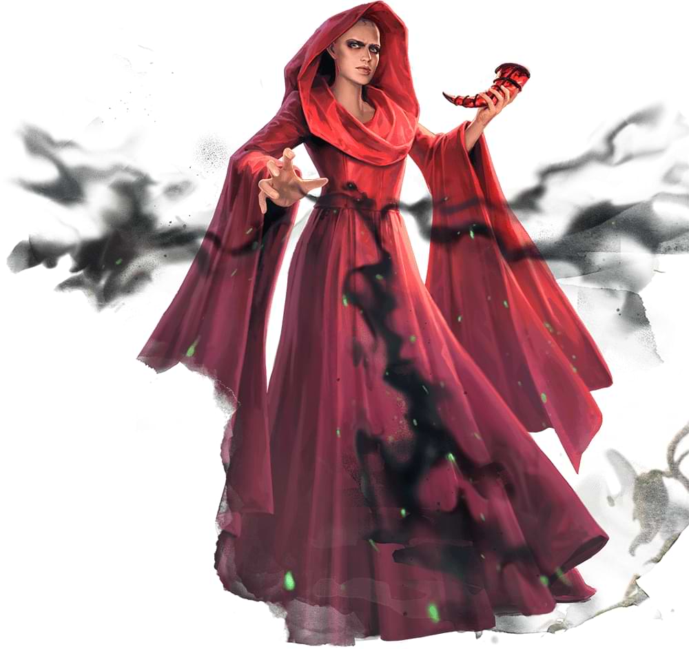 Sofina wearing red robes and the horn of beckoning death